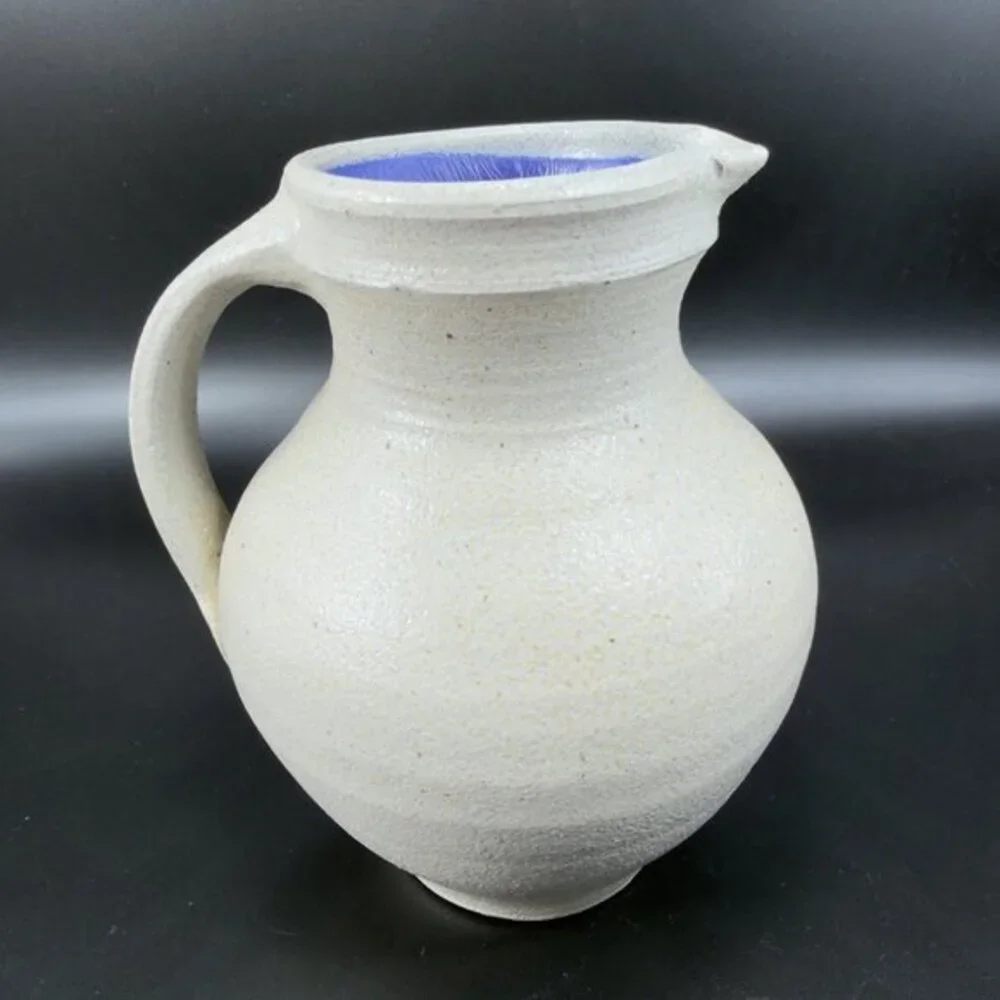 Kings Pottery‎ Seagrove NC Gray W Blue Inside Pitcher Carafe Jug Artist Marked